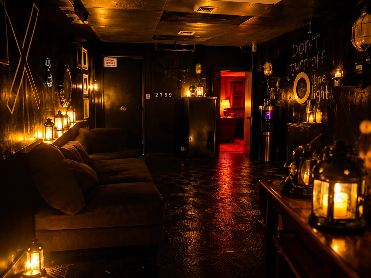 ZOE lounge with glowing lanterns and a doorway into a red-lit room