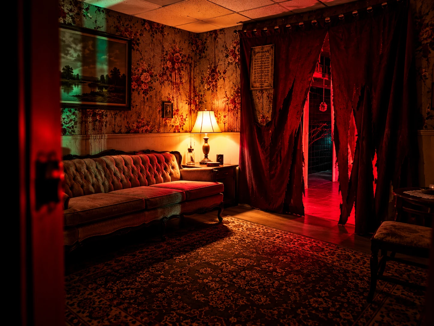 ZOE living room with a vintage sofa and torn red curtains